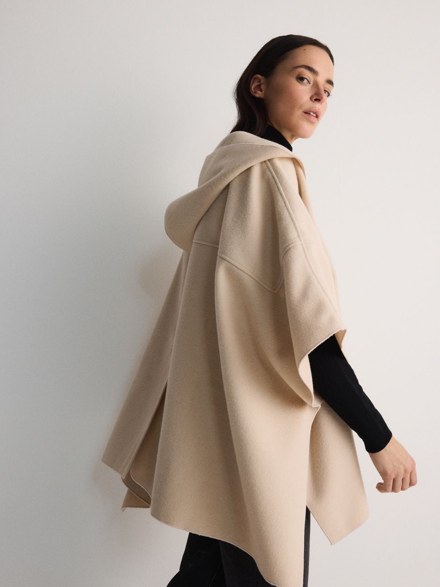 Hooded poncho - beige - RESERVED