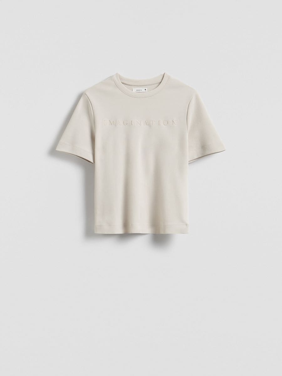 T-shirt z haftowanym napisem - beżowy - RESERVED