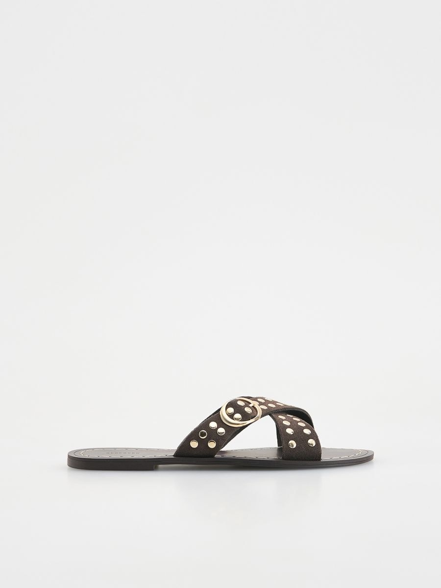 Leather rich sliders with rivets - dark brown - RESERVED - 4