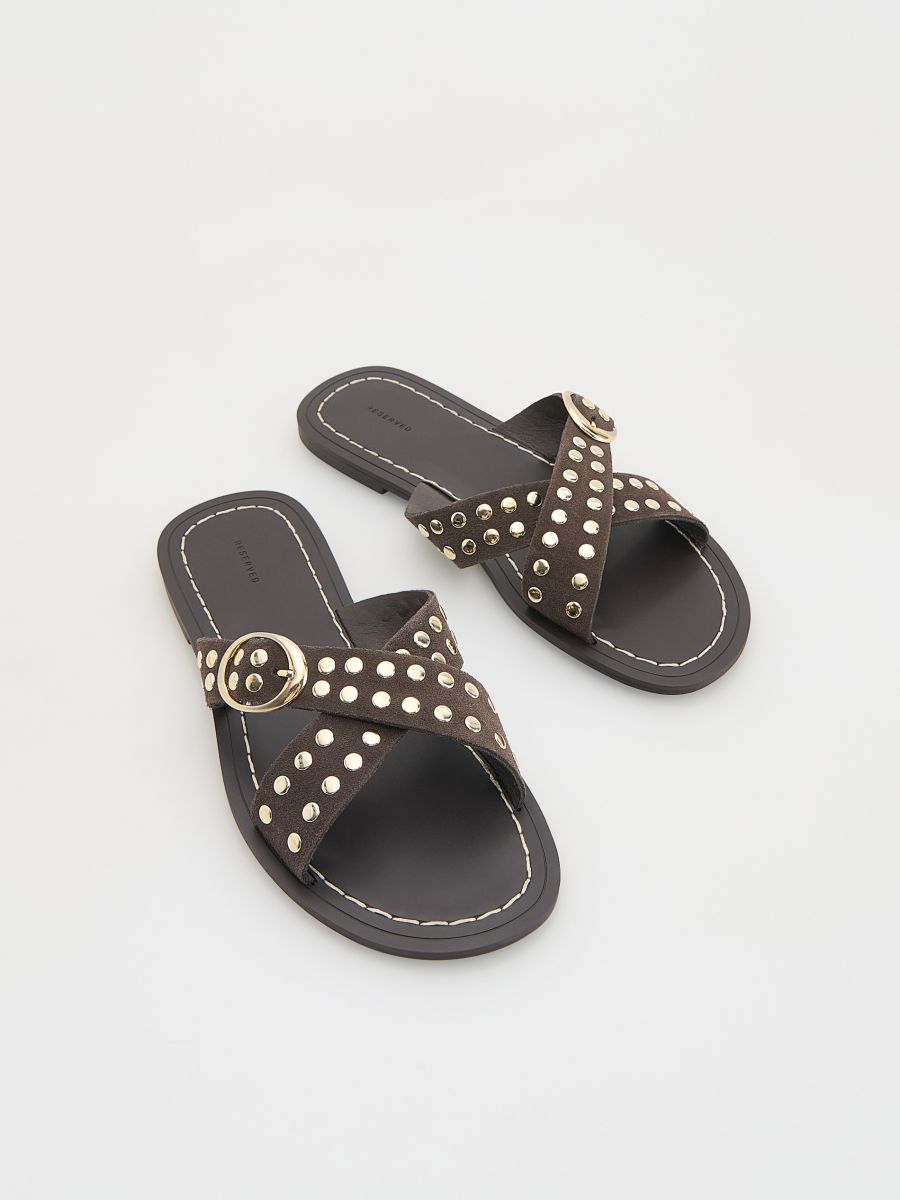 Leather rich sliders with rivets - dark brown - RESERVED - 5