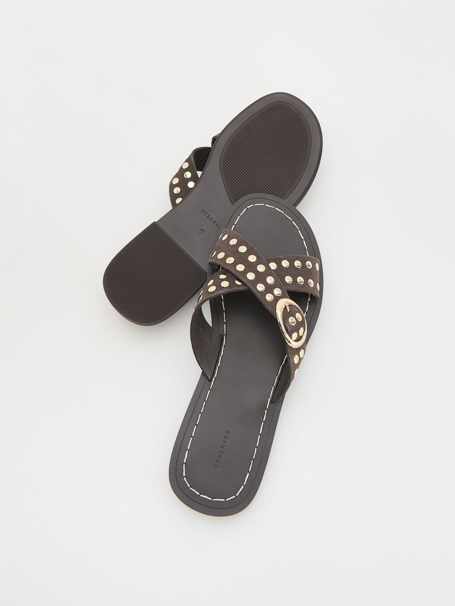 Leather rich sliders with rivets - dark brown - RESERVED - 7