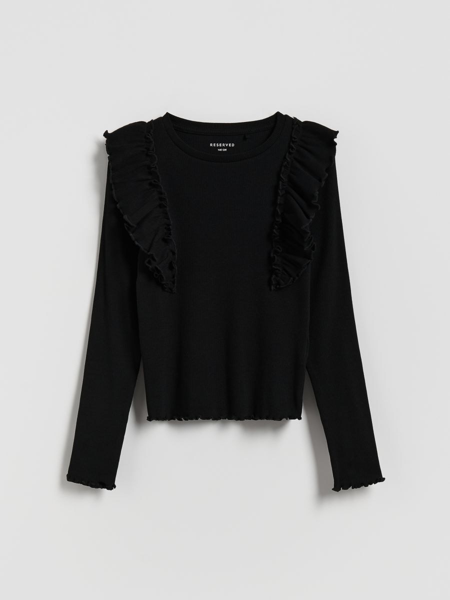 Ribbed blouse with ruffle - black - RESERVED