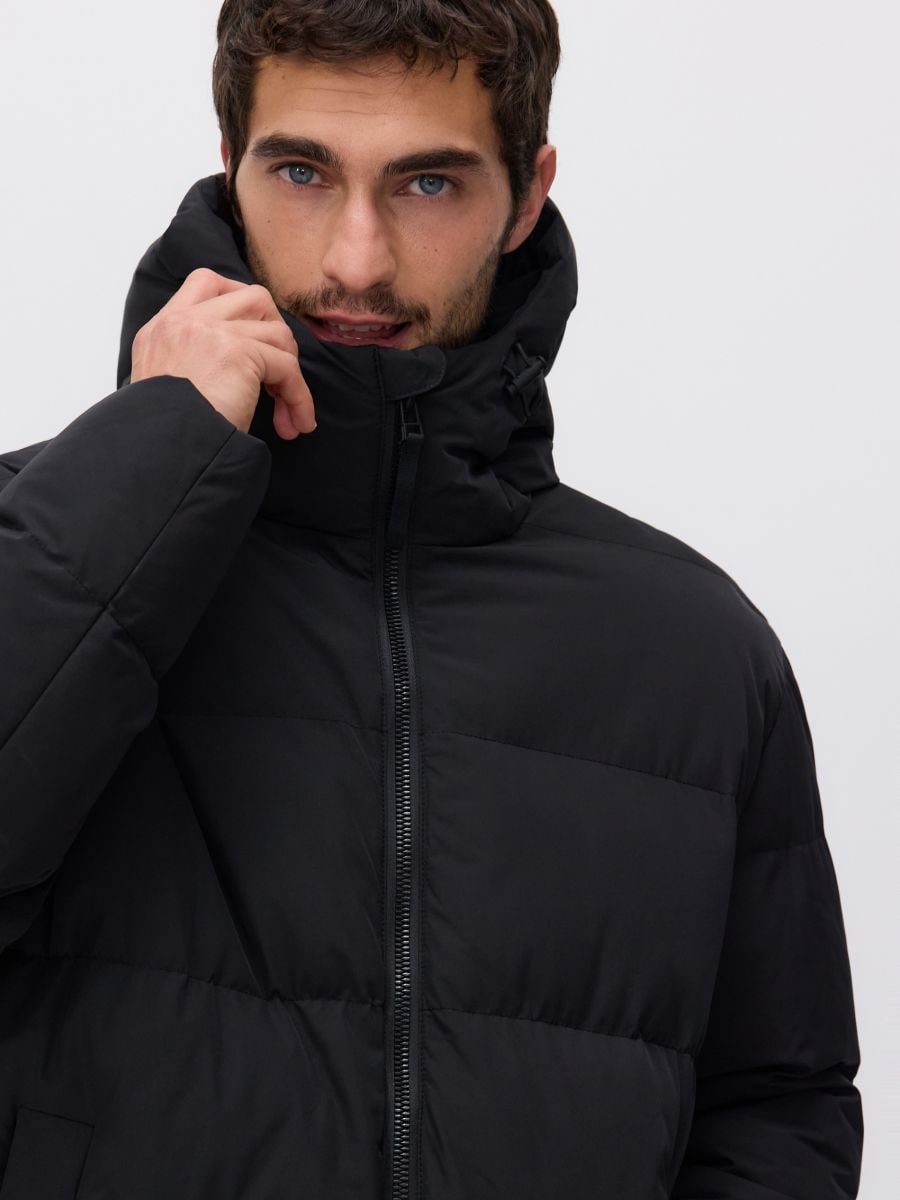 Black quilted coat with hood 2025