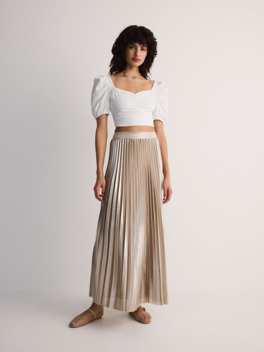 Gold pleated maxi skirt with pockets hot sale