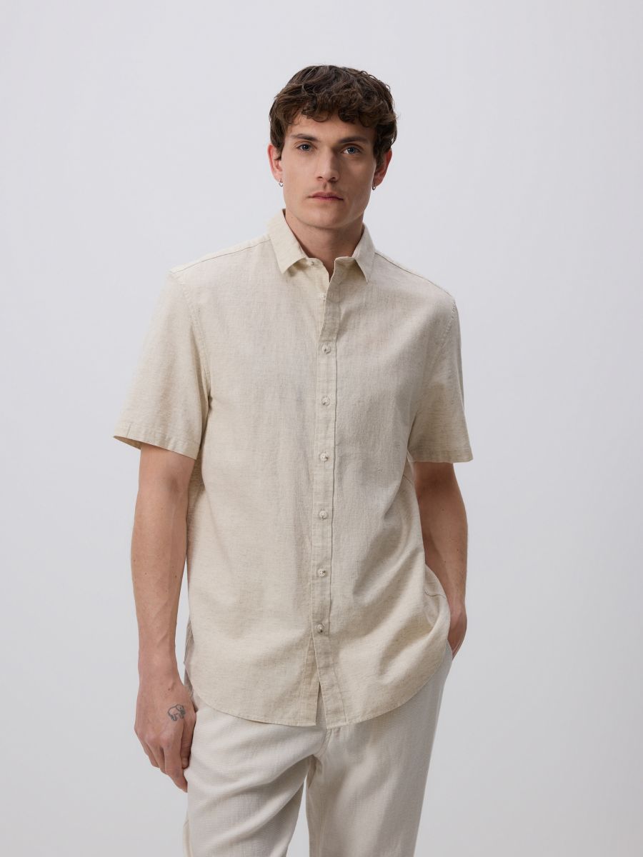 Regular fit linen rich shirt - beige - RESERVED
