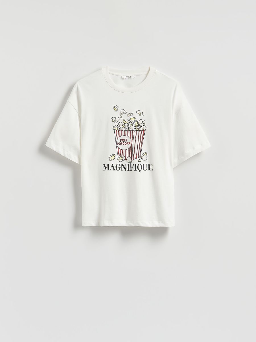 T-shirt oversize z nadrukiem - złamana biel - RESERVED
