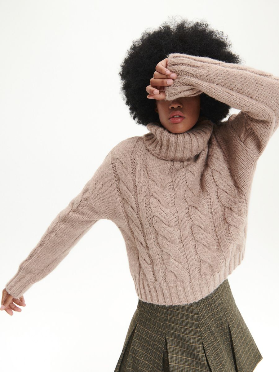 Sweter oversize z golfem - beżowy - RESERVED - 3