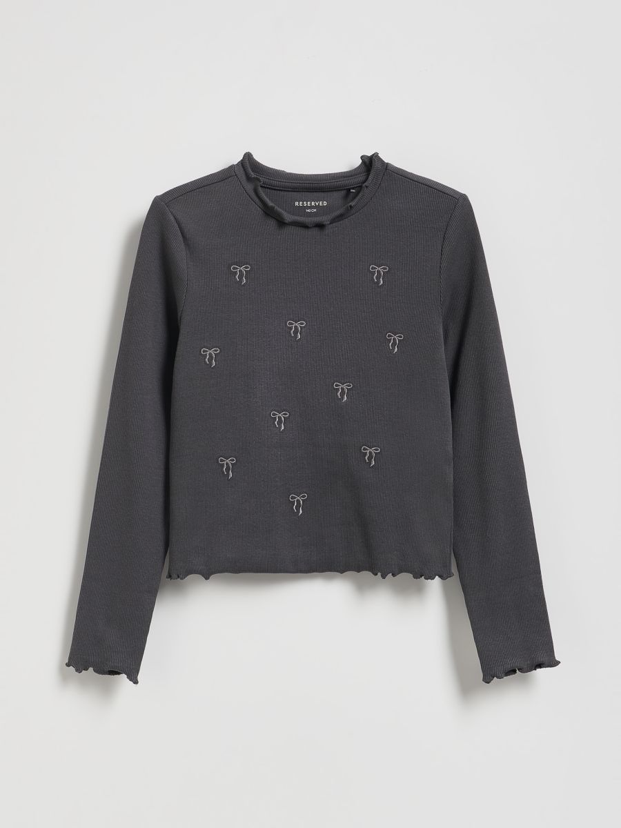 Geripptes Shirt mit Stickerei - dunkelgrau - RESERVED