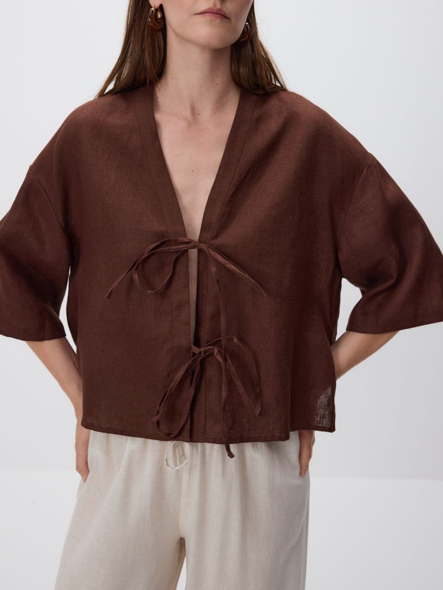 Linen blouse with ties - dark brown - RESERVED - 4