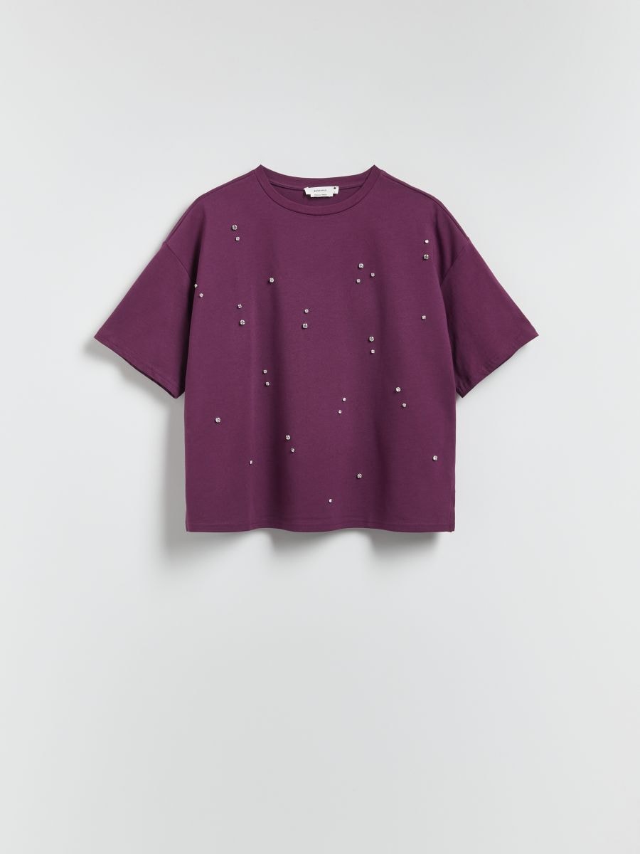 Cotton T-shirt with application - dark violet - RESERVED