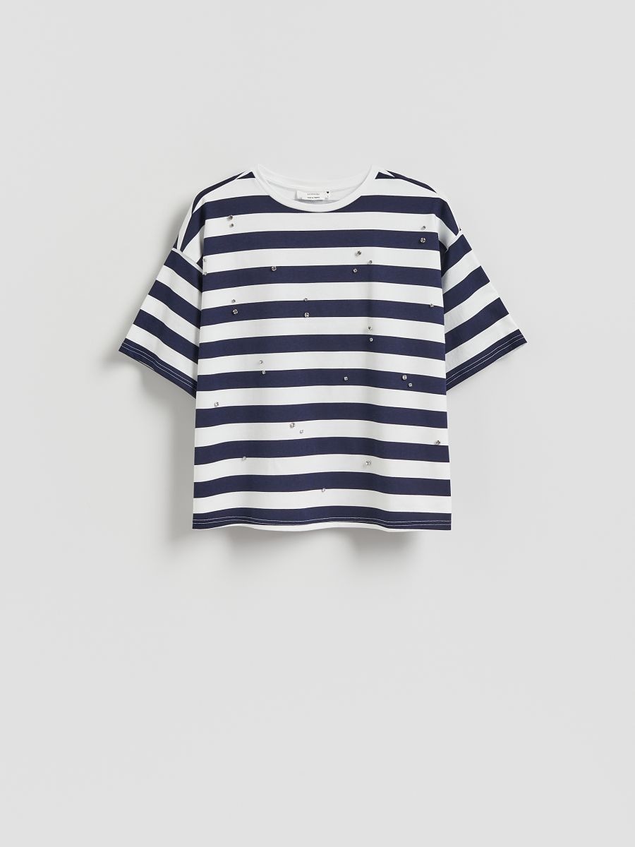 Cotton T-shirt with application - navy - RESERVED