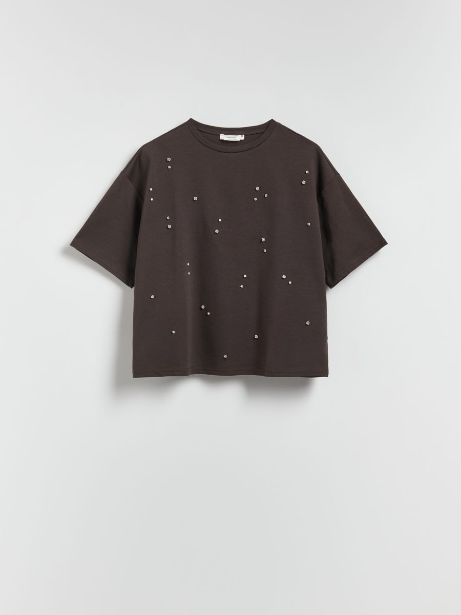Cotton T-shirt with application - dark brown - RESERVED