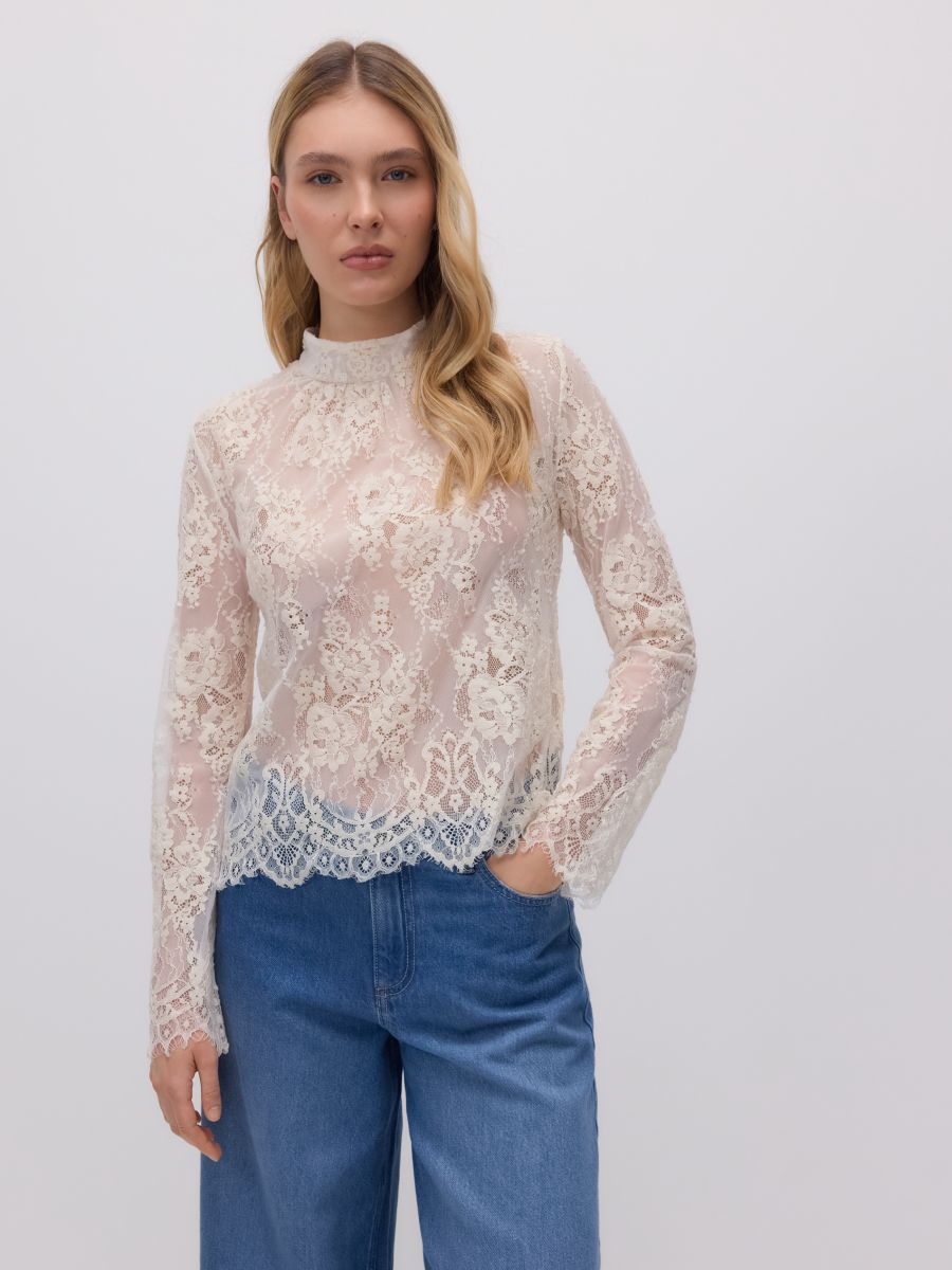 Lace blouse with standing collar - nude - RESERVED - 2