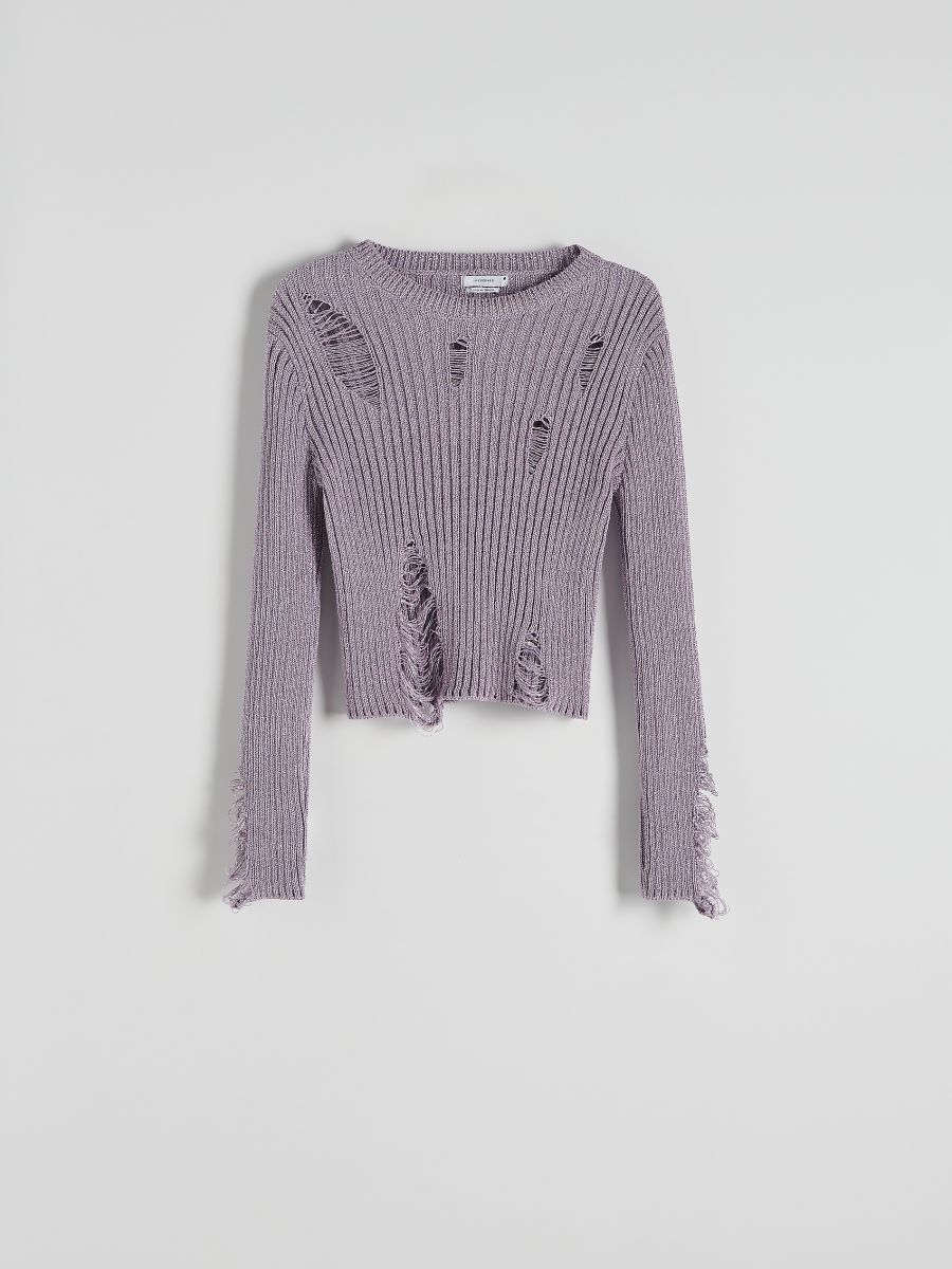 Metalizowany sweter z rozdarciami - lawendowy - RESERVED