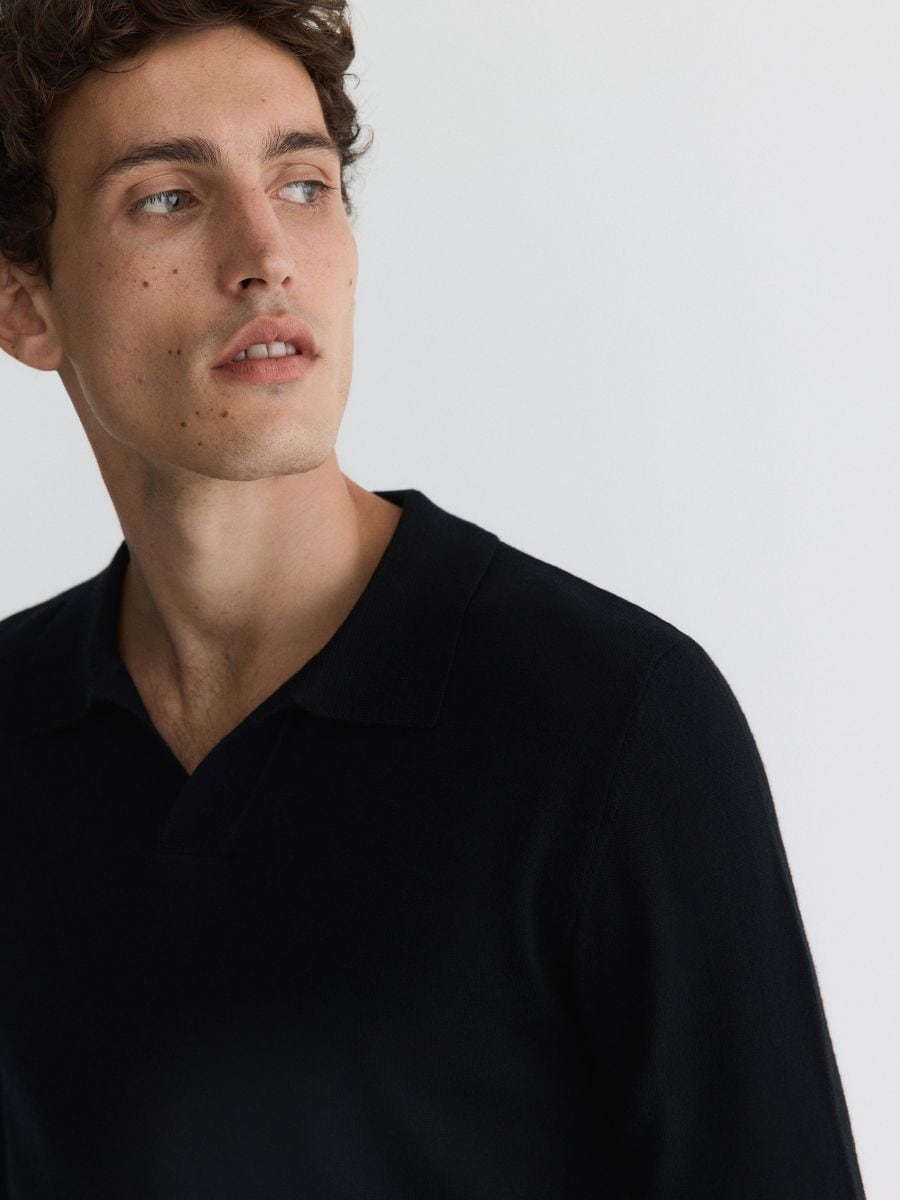 Merino wool long sleeve polo shirt - black - RESERVED