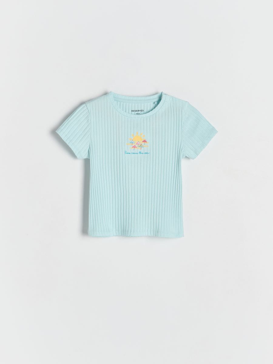 T-Shirt aus Rippstrick mit Stickereidetail - blassblau - RESERVED