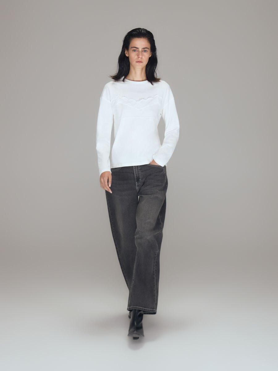 Cotton lace-trimmed longsleeve - white - RESERVED