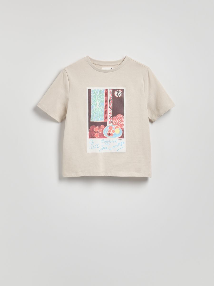 Bawełniany t-shirt z nadrukiem - beżowy - RESERVED