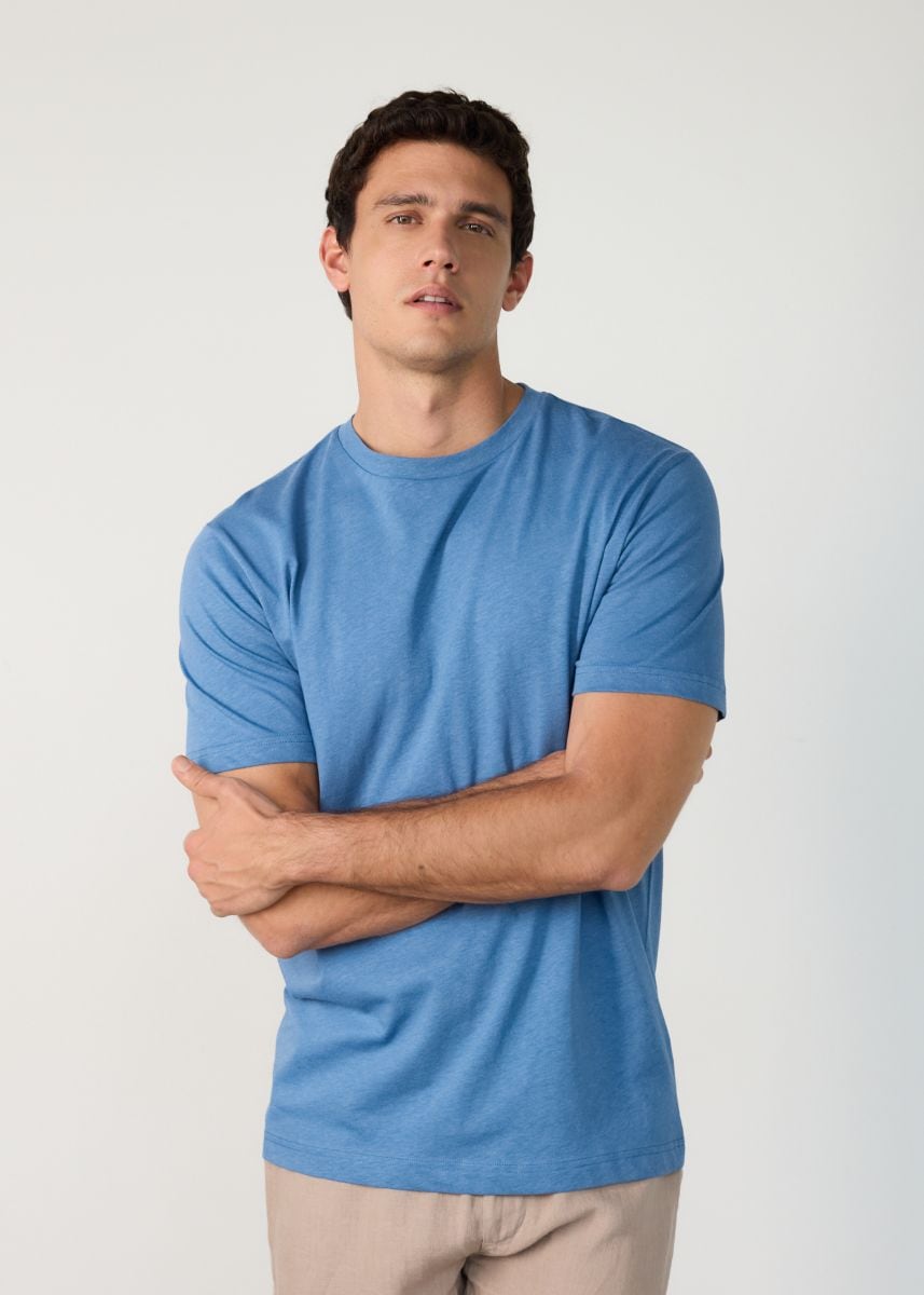 Regular fit T-shirt with linen blend - blue - RESERVED - 4