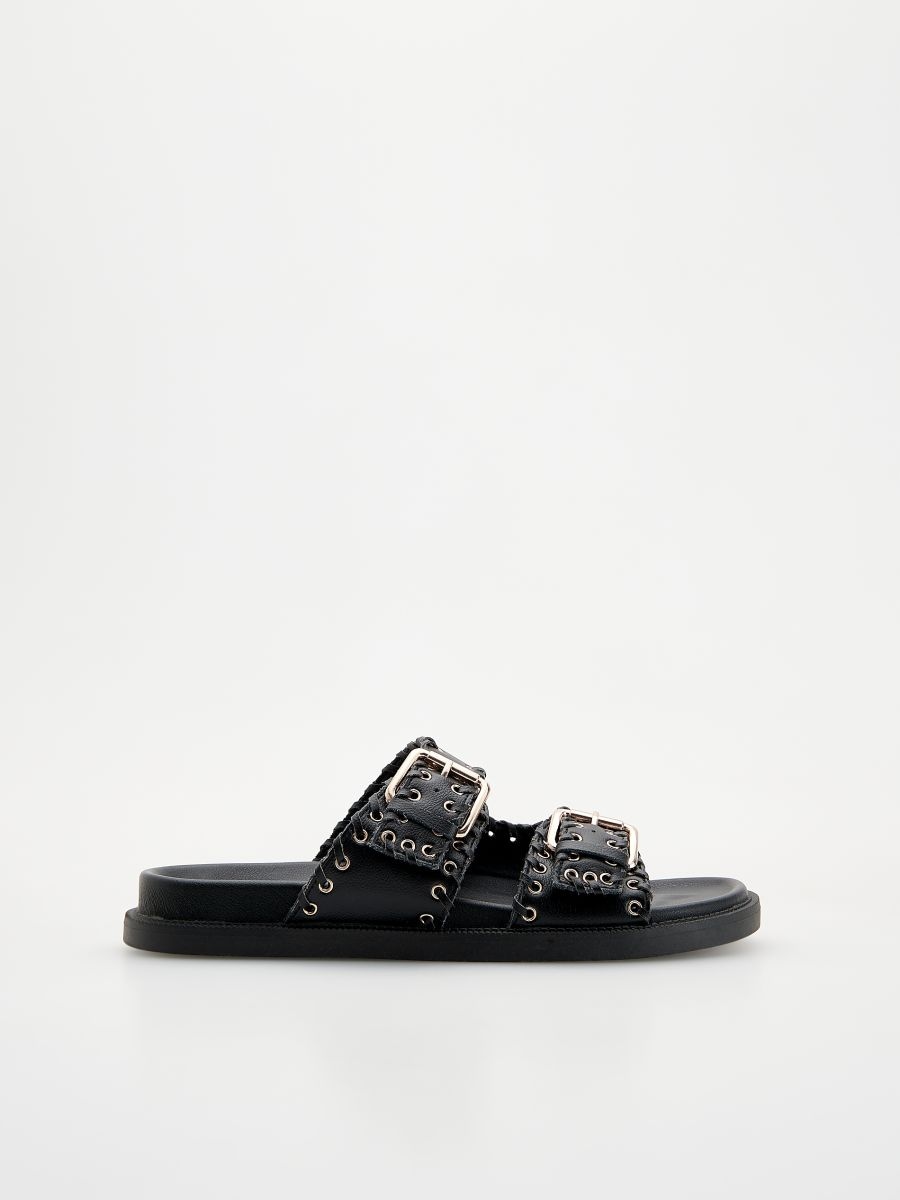 Leather slides with hardware - black - RESERVED - 2