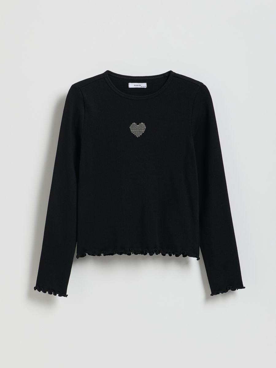 Ribbed blouse with applique - black - RESERVED