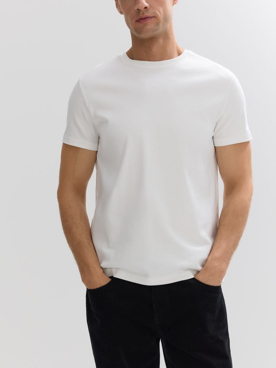 Slim fit mercerized cotton T-shirt - cream - RESERVED