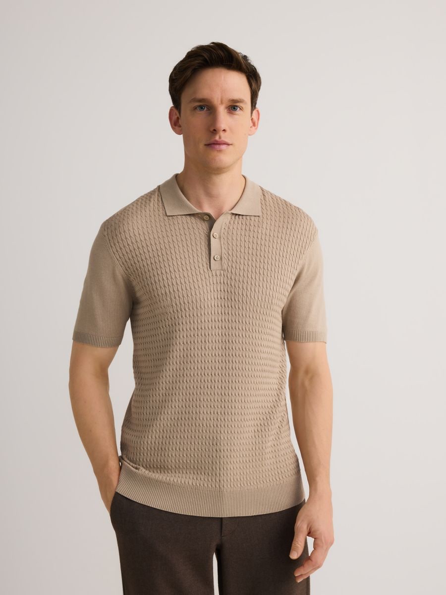 Regular fit viscose rich polo shirt - beige - RESERVED