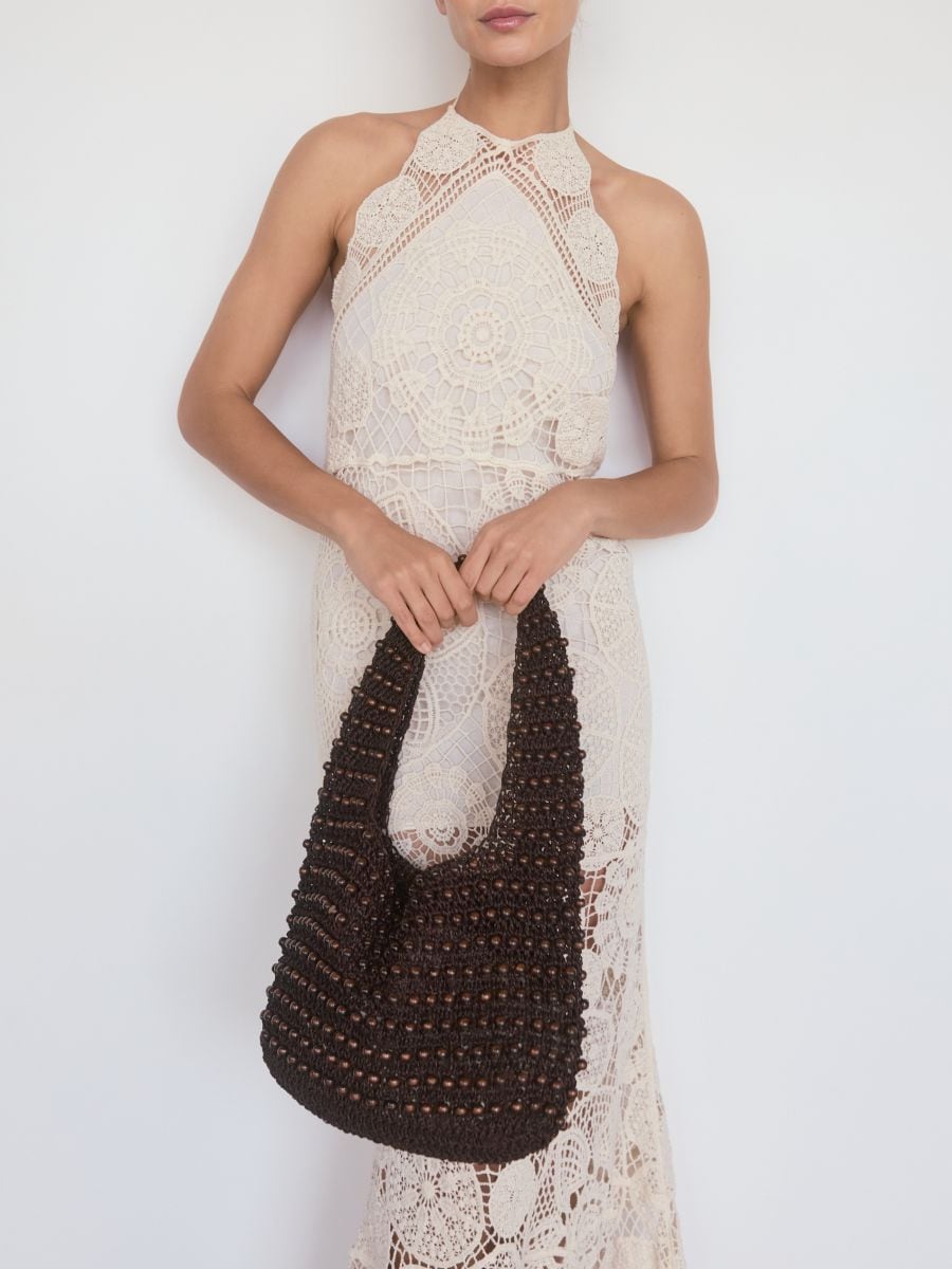 Woven bag with beads - dark brown - RESERVED - 2