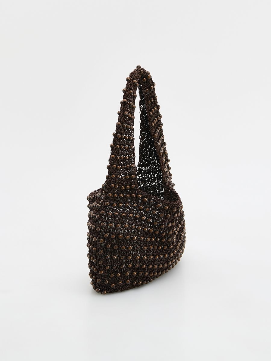 Woven bag with beads - dark brown - RESERVED - 4