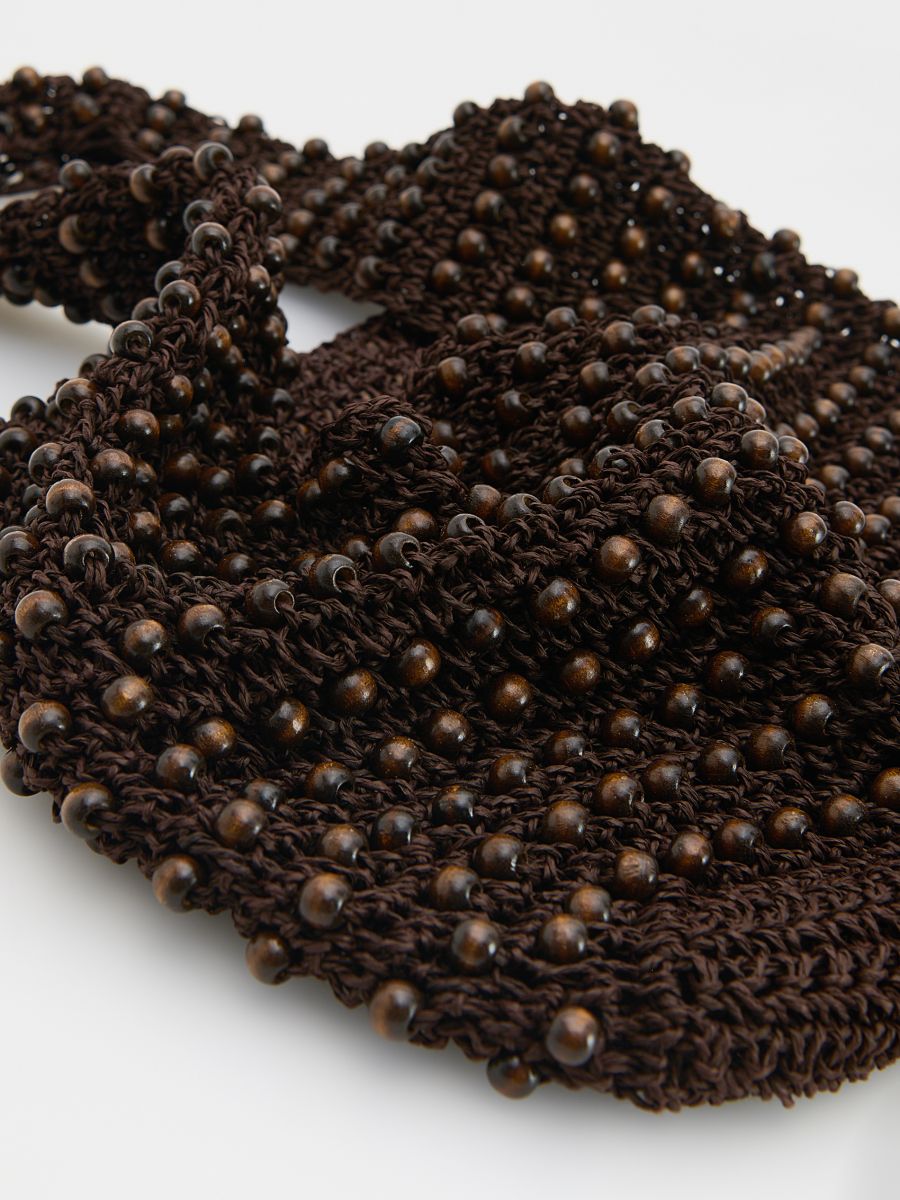 Woven bag with beads - dark brown - RESERVED - 5