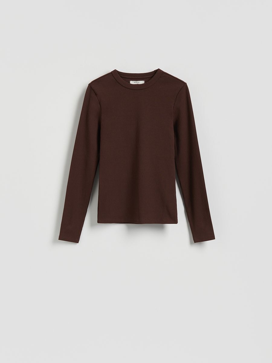 Rib knit long sleeve T-shirt - dark brown - RESERVED