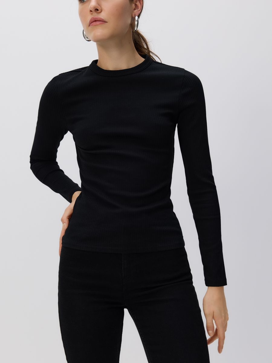 Rib knit long sleeve T-shirt - black - RESERVED