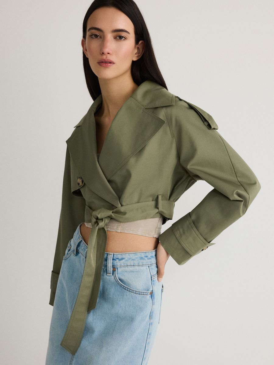 Cropped double-breasted trench coat - light green - RESERVED