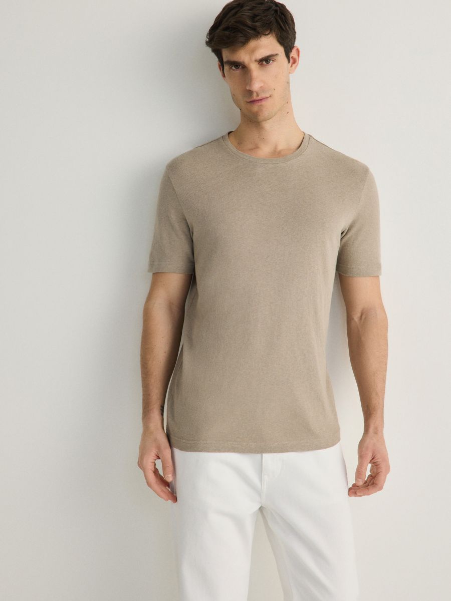 Regular fit T-shirt with linen blend - olive - RESERVED