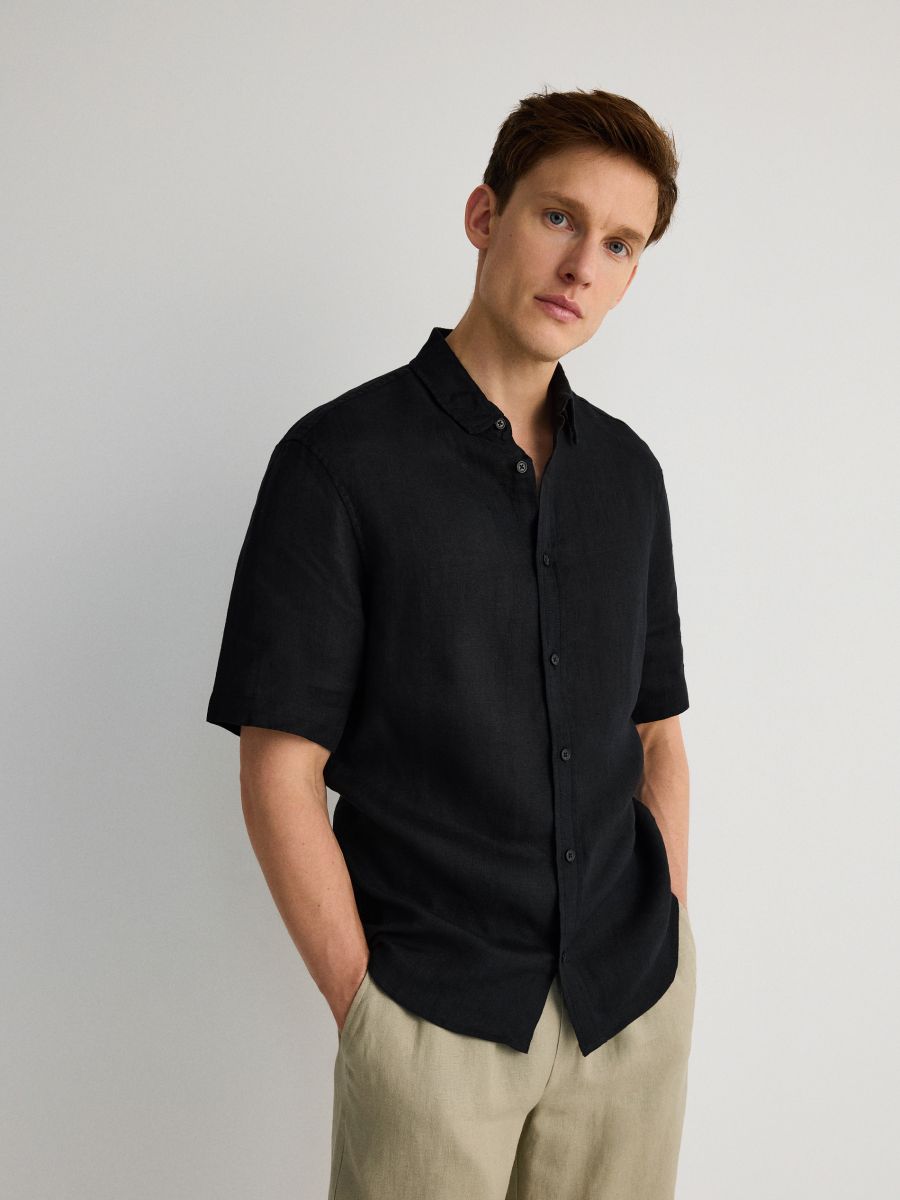Comfort fit linen shirt - black - RESERVED