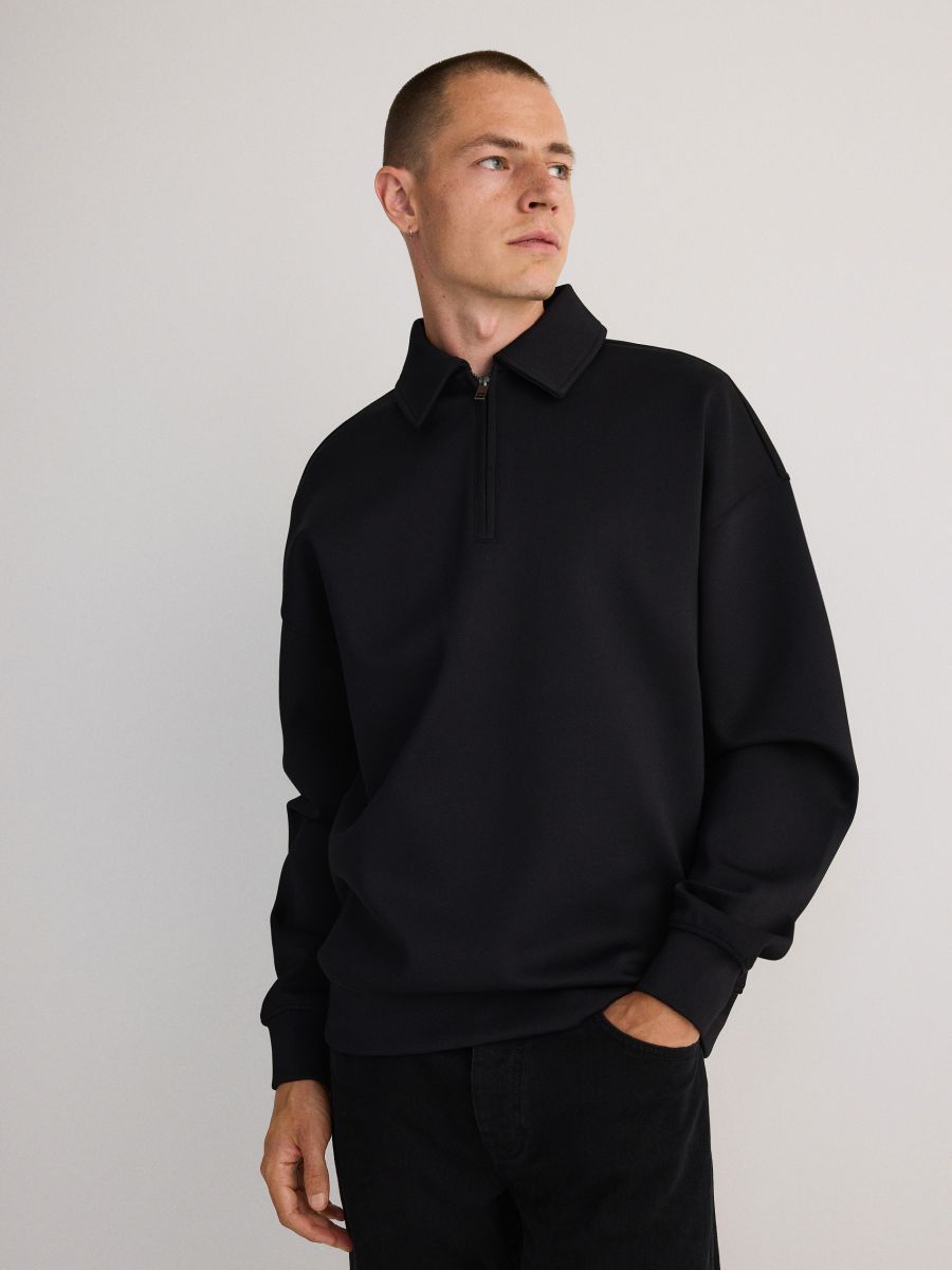 Plain sweatshirt with collar - black - RESERVED - 2