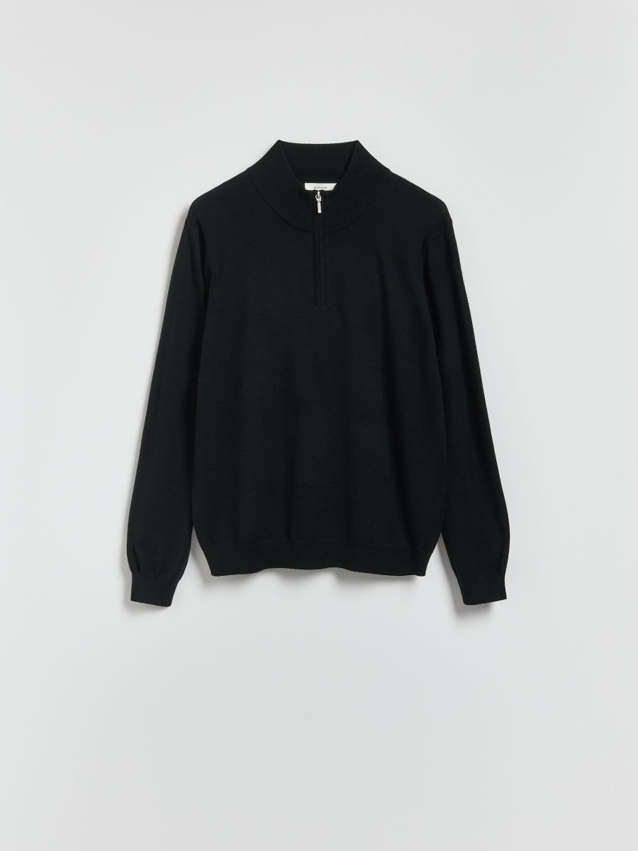 Merino wool jumper with fastening - black - RESERVED