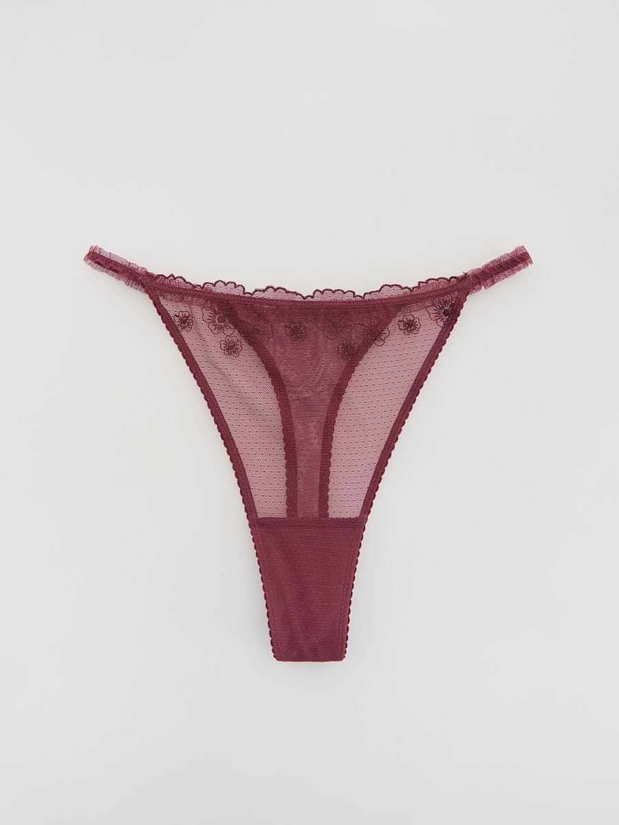 Mesh-String mit Stickerei - purpurrot - RESERVED