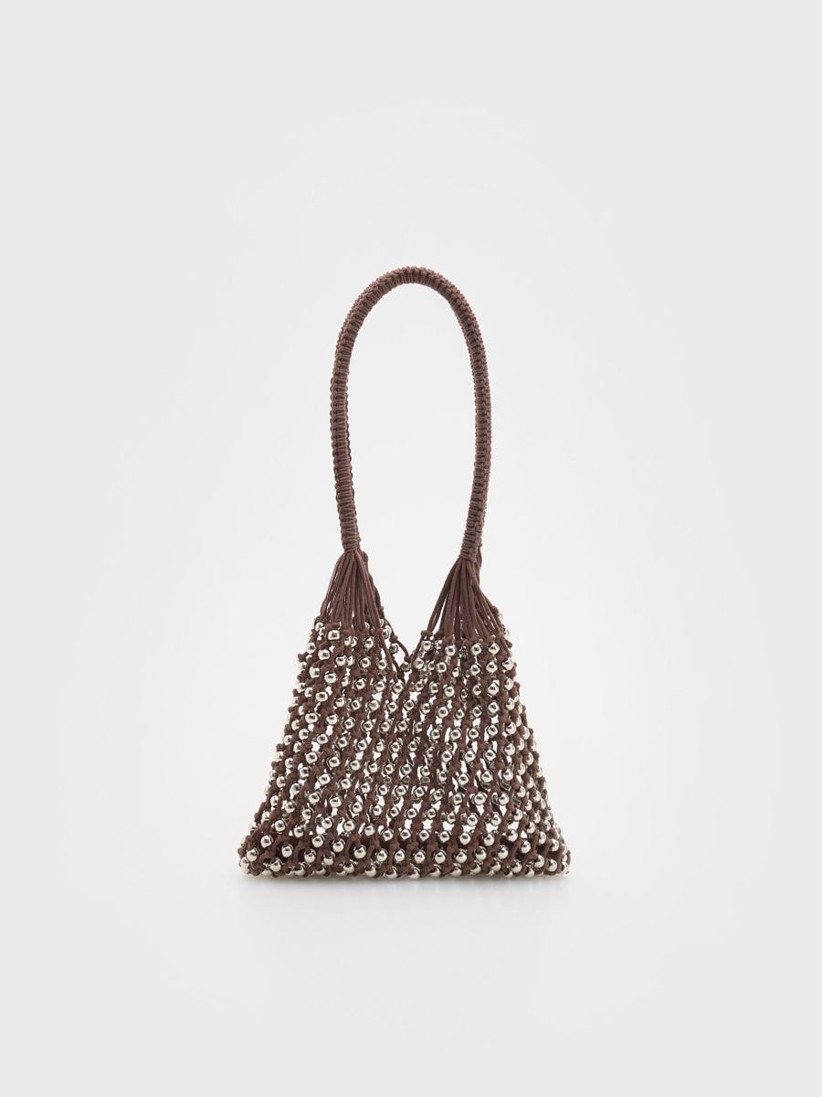 Bucket bag with beads - dark brown - RESERVED - 3