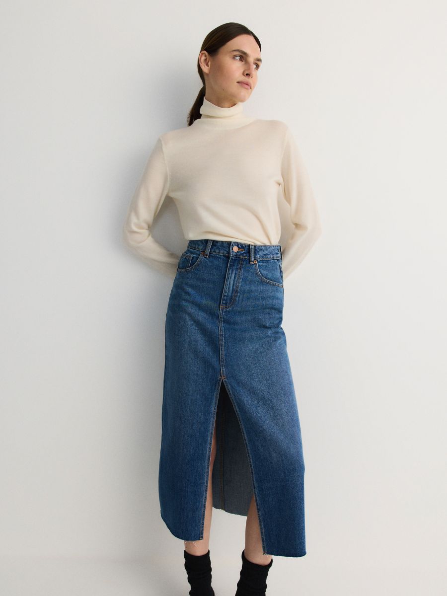 Denim midi skirt with split - blue jeans - RESERVED