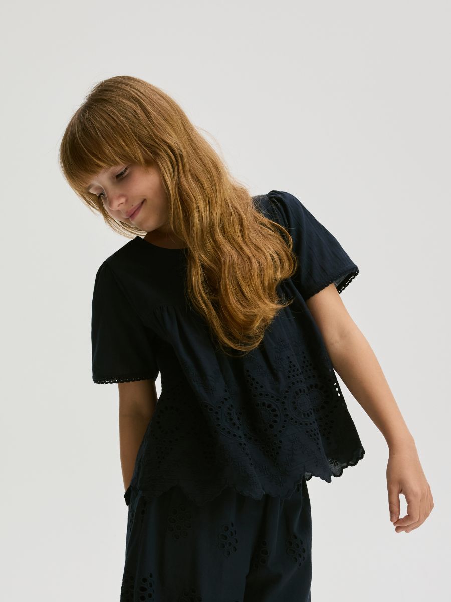 Blouse with openwork hem - steel blue - RESERVED - 2