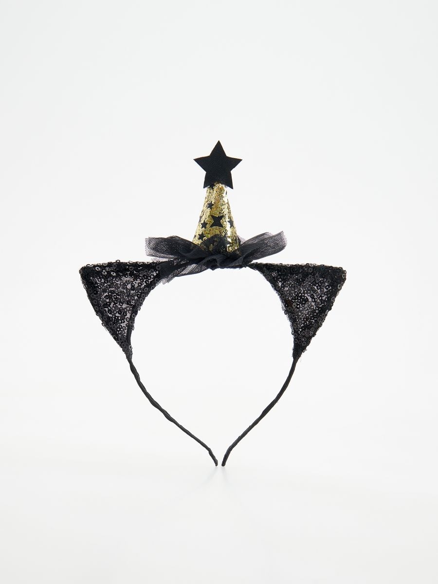 Cordeluță cu urechiușe decorative și pălăriuță - negru - RESERVED