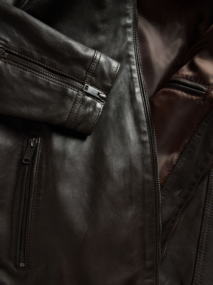 Leather jacket with stand up collar - dark brown - RESERVED - 3