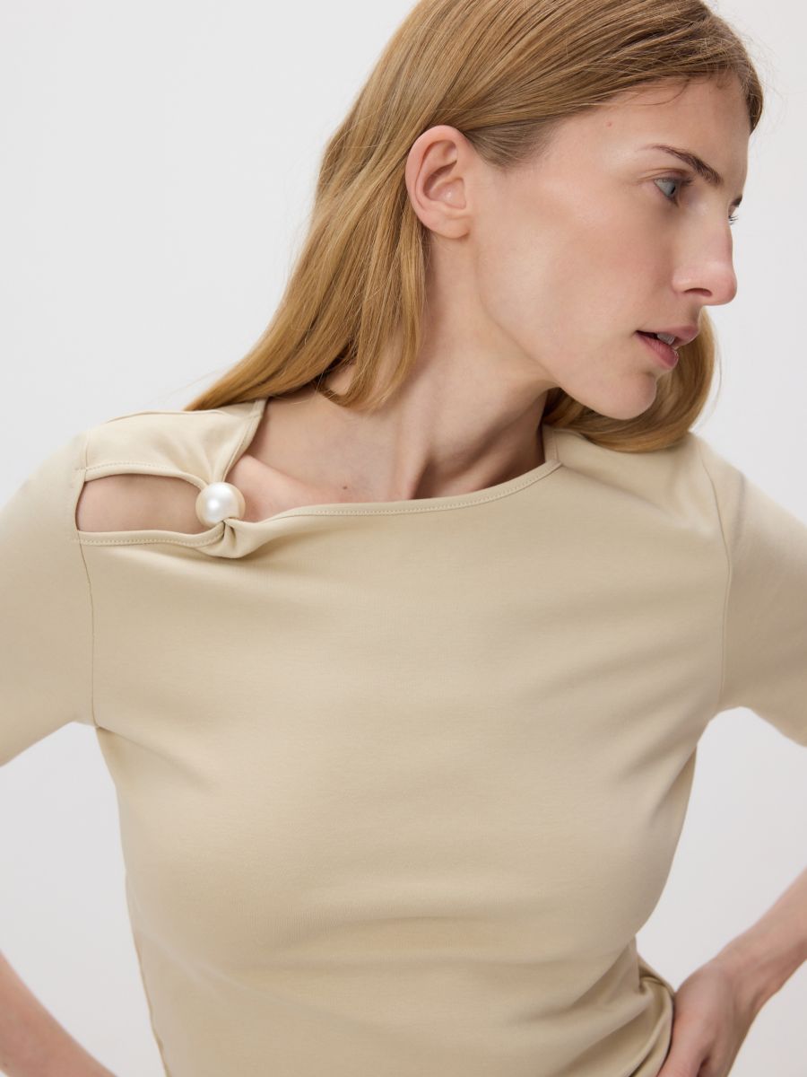 Decorative‑detail T‑shirt - beige - RESERVED - 2
