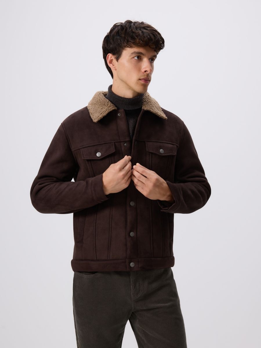 Faux suede jacket - dark brown - RESERVED