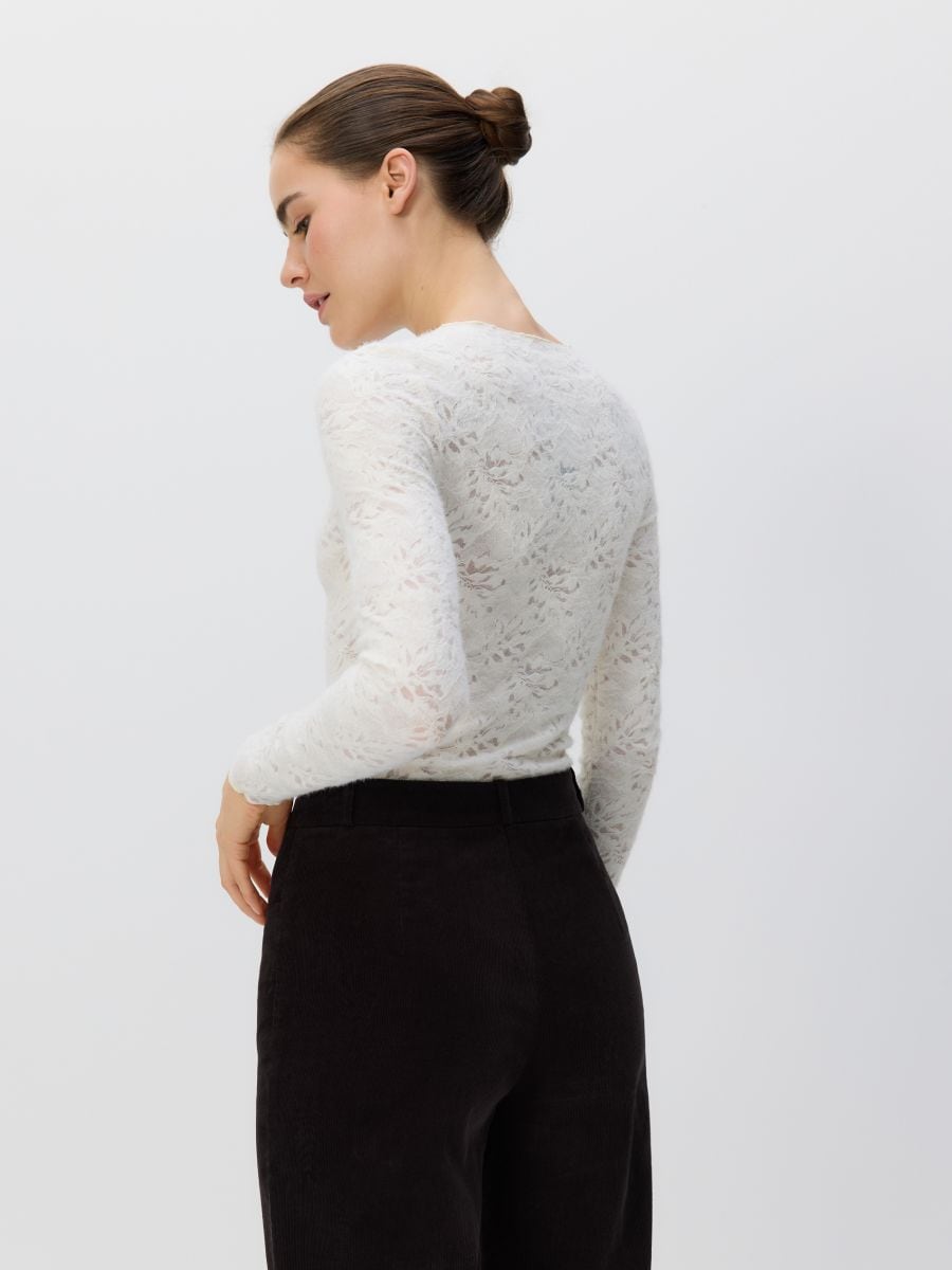 Koronkowe body z długimi rękawami Kolor złamana biel