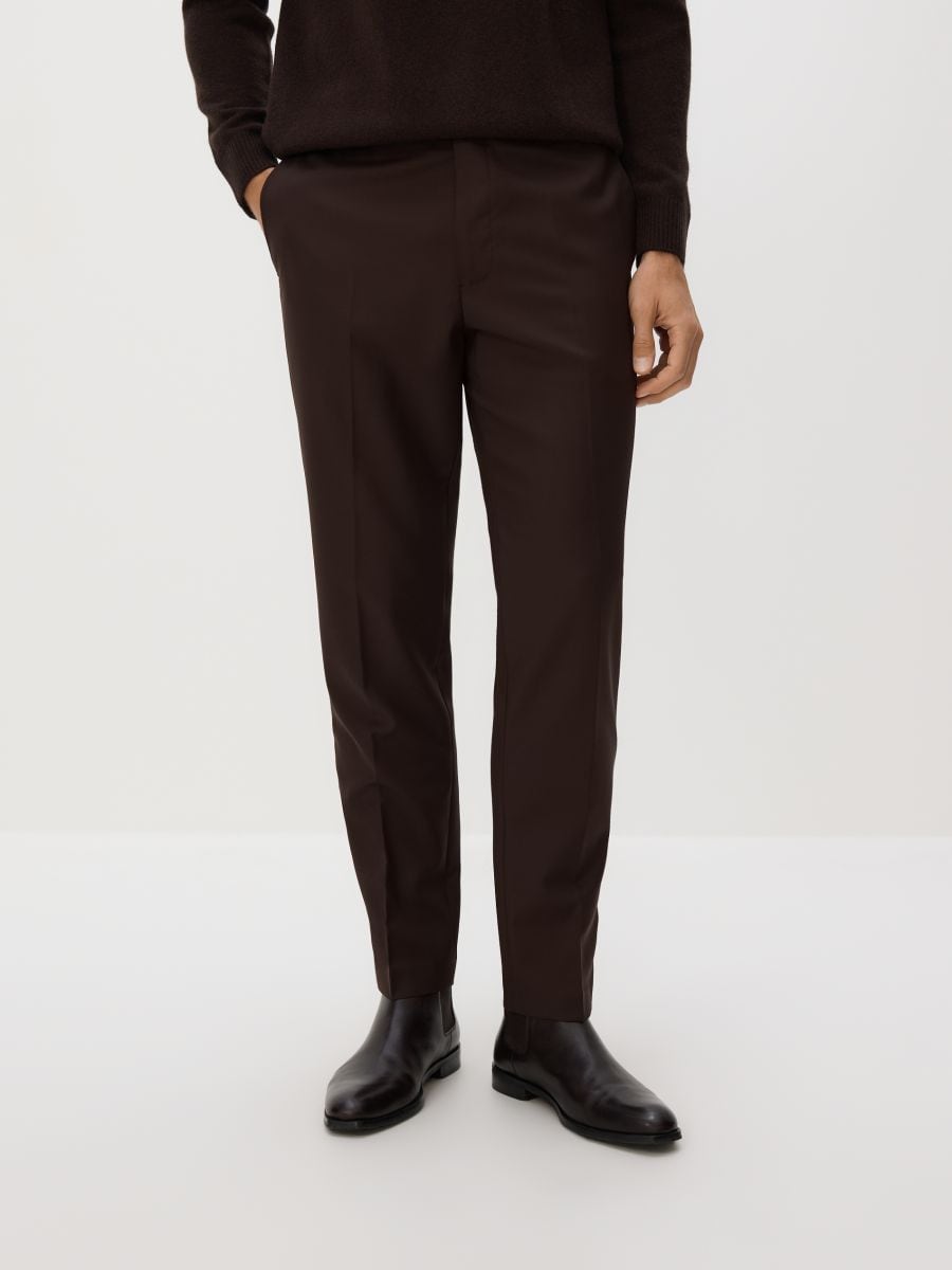 Hlače za k obleki iz mešanice volne - rjava - RESERVED