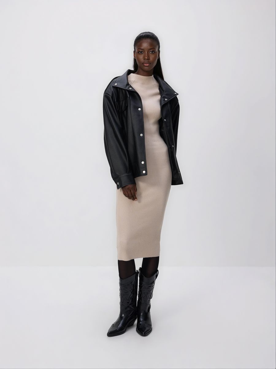 Ribbed dress with viscose - beige - RESERVED