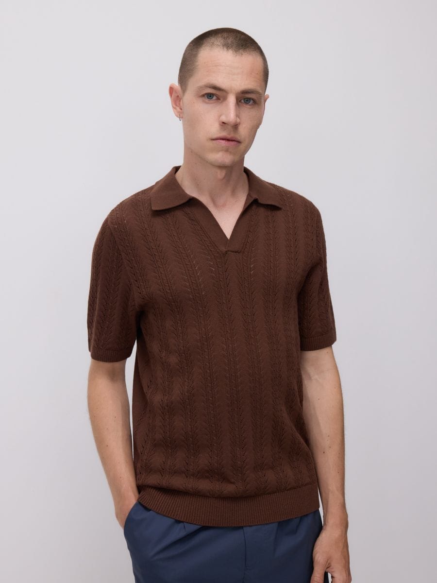 Pull style polo en coton majoritaire - Marron - RESERVED - 5