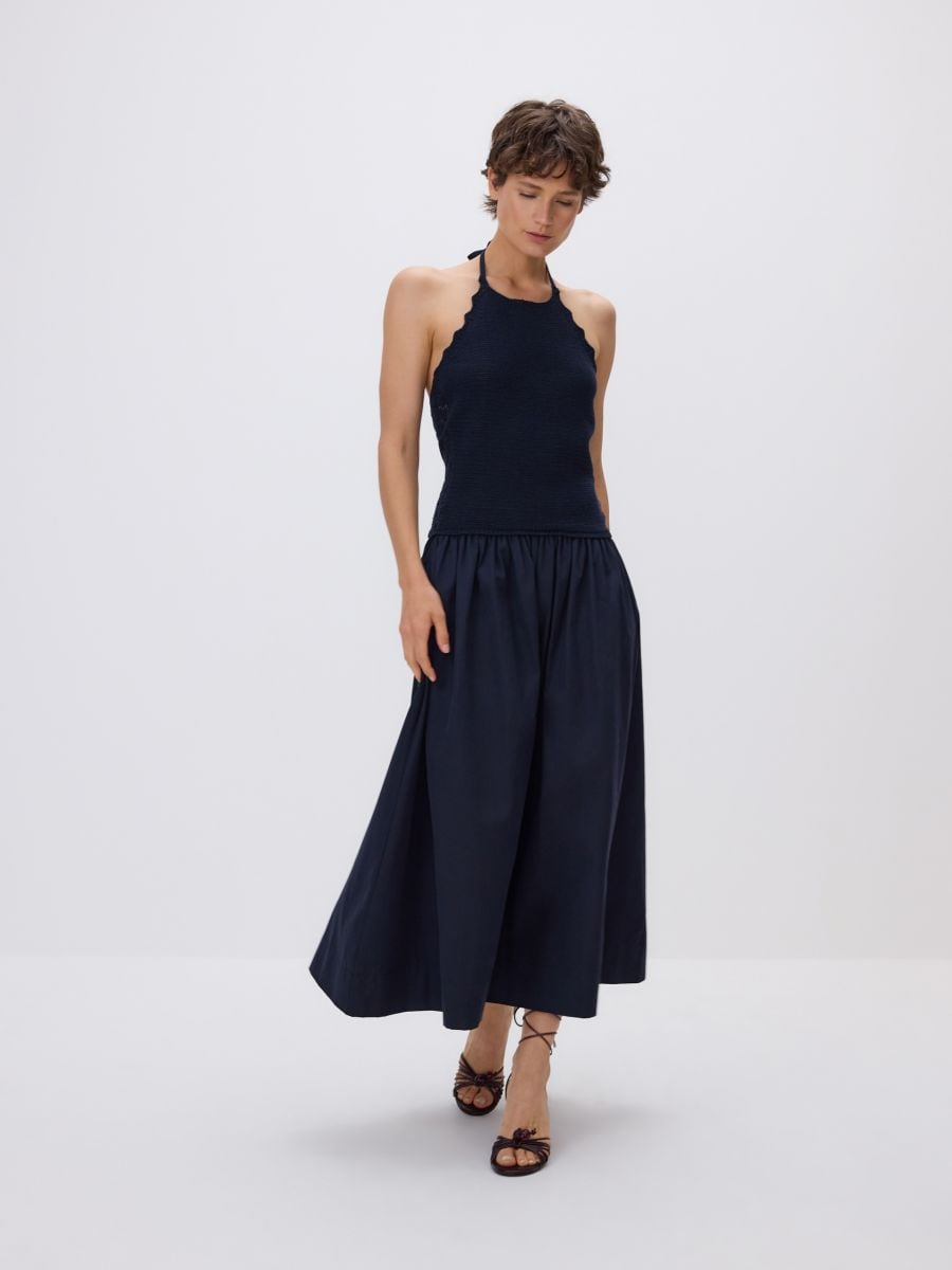 Midi dress with tie waist - navy - RESERVED